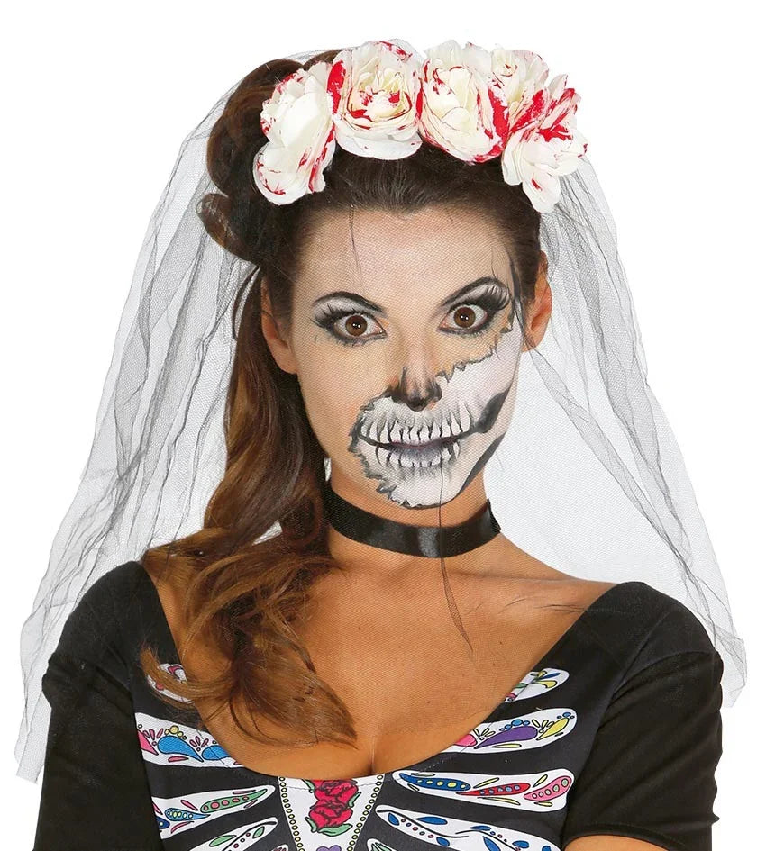 Diadema de Flores Blancas con Sangre y Velo Complementos Halloween Guirca